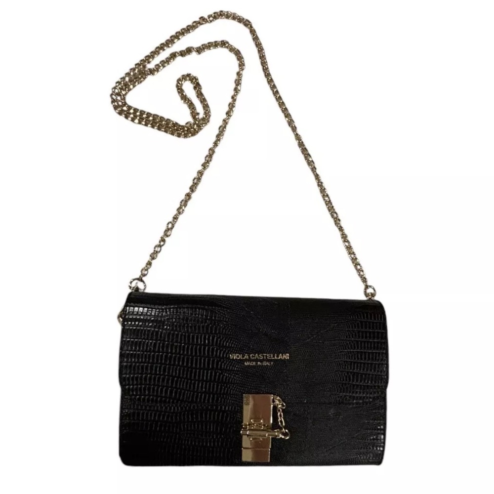 Viola Castellani Black Leather Crossbody Clutch Handbag Purse Italy Gold Whimsi